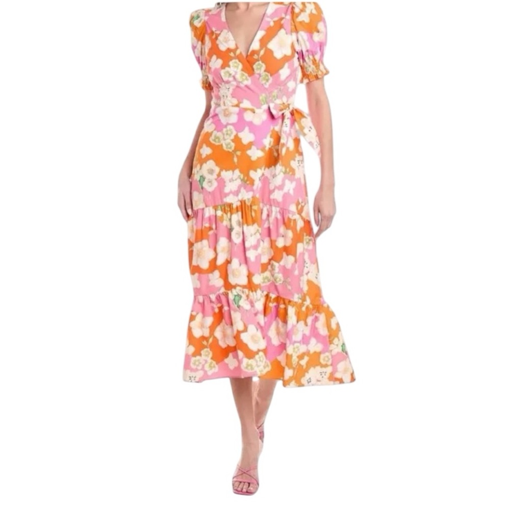 NWT Hutch Danni Pink & Orange Floral Midi Ruffled Tiered Dress Medium 6-8